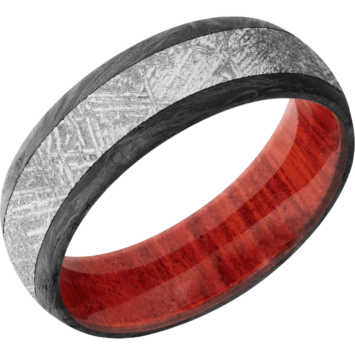 Ladies Rings Thin Shine-7mm wide Domed Forged Carbon Fiber Ring / One 4mm Centered Meteorite Inlay / Red Heart Sleeve