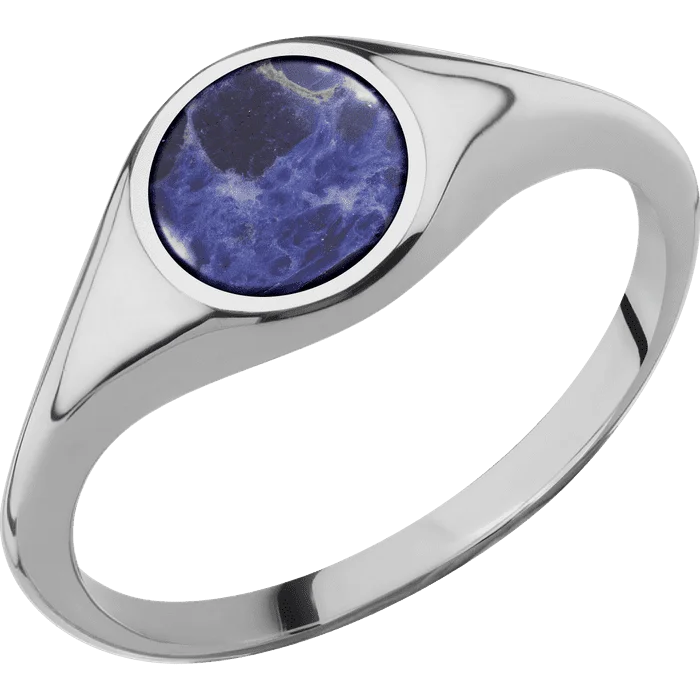 Ladies Rings with Blue Jeremejevite-Circle Titanium Signet Ring / Polish Ring Finish and Polish Signet Finish / Sodalite Inlay with Semi-Precious Polish Finish / Size 8.25