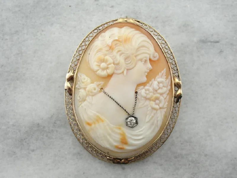 Ladies key charm brooches -Antique Shell Cameo and Diamond Brooch or Pendant in Gold Frame