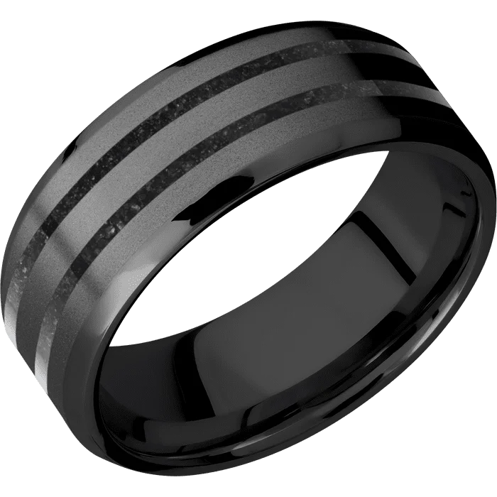 Ladies Rings with Sea Beryl-8mm wide Beveled Black Titanium Ring with Bead Blast Finish / Two 1mm Centered Black Dinosaur Bone Inlay