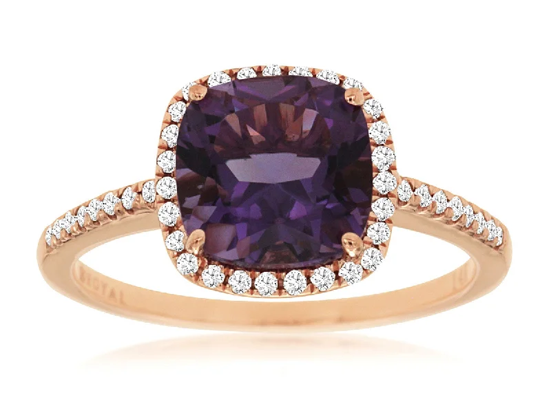 Ladies Rings with Green Clinozoisite-Rose Gold Cushion Cut Amethyst Halo Diamond Ring