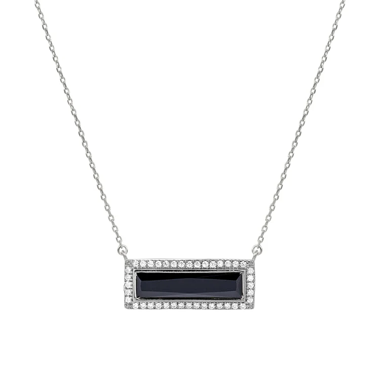 Ladies snowy white necklaces -Rhodium Finish Sterling Silver Necklace with Rectangular Simulated Onyx Stone and Simulated Diamonds on 16" - 18" Chain