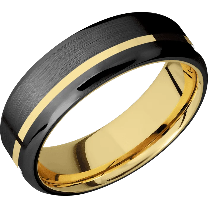 Ladies Rings Sterling Shine-7mm wide Beveled Black Titanium Ring with Satin Finish / One 1mm Off Center 14k Yellow Gold Inlay with Polish Finish / 10k Yellow Gold Sleeve