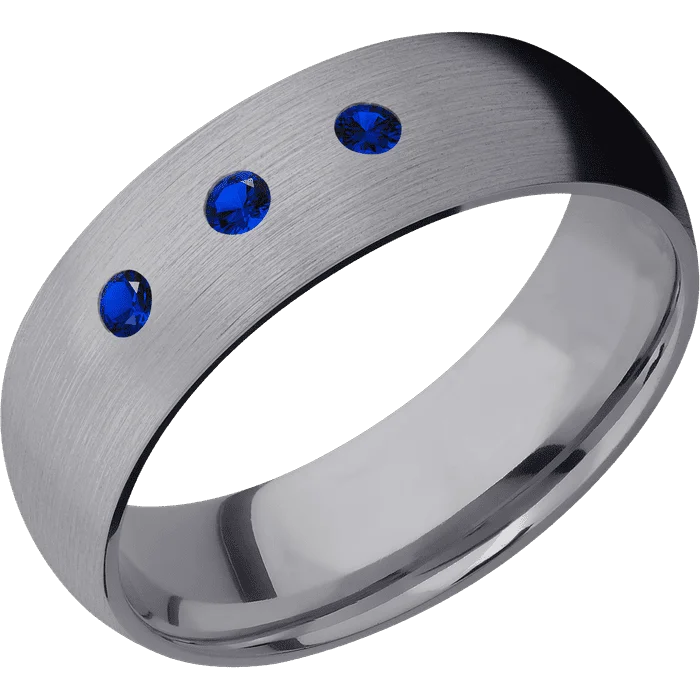 Ladies Rings with Grey Pollucite-7mm wide Domed Tantalum Ring with Satin Finish / 3 Round .05 carat Sapphire Flush-Set Gemstones