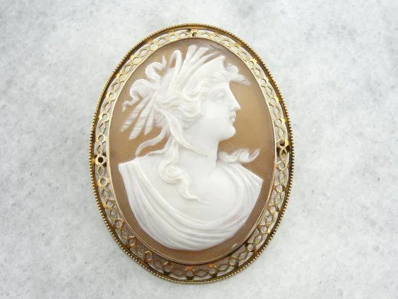 Ladies tranquil sapphire brooches -Vintage Cameo Gold Filigree Brooch