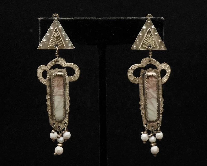 Ladies Earrings with Key Spark-Julie Shaw - Vintage Handmade Sterling Silver and 14K Gold, Jasper and Pearls Clip On Earrings