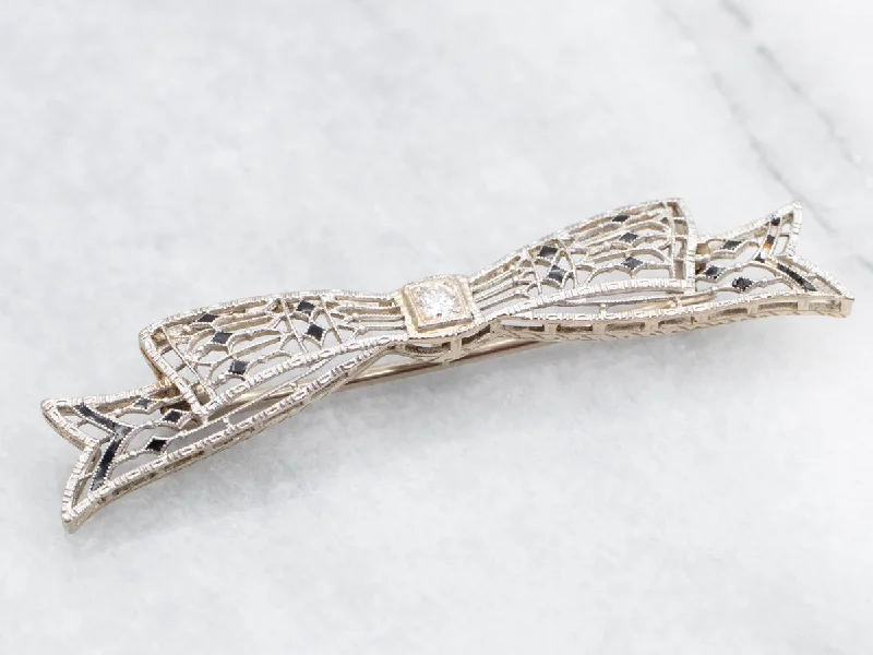 Ladies zen harmony brooches -European Cut Diamond and Black Enamel Bow Brooch