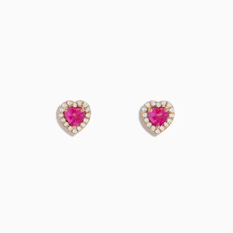 Ladies Earrings for Photo Glow-Novelty 14K Rose Gold Pink Sapphire and Diamond Heart Earrings