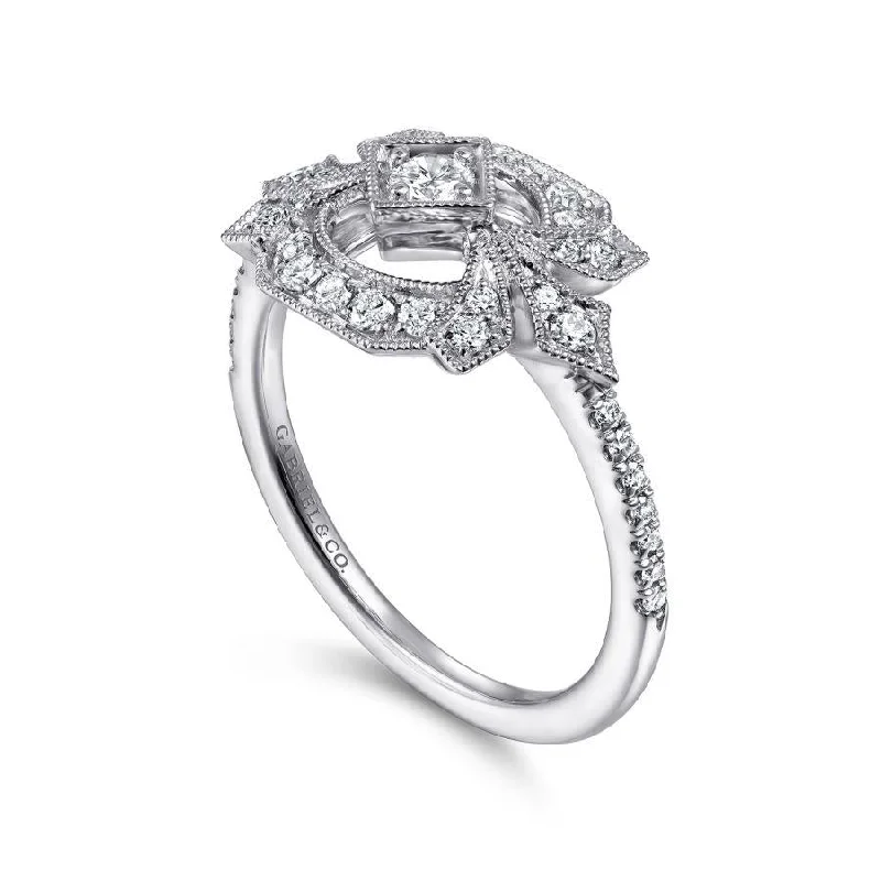 Gabriel & Co. - LR51663W45JJ - 14K White Gold Art Deco Floral Diamond Ring