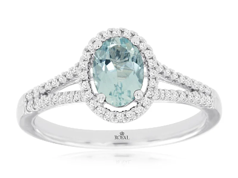 Ladies Rings for Sport Glow-14K White Gold Oval Aquamarine with Oval Diamond Halo Ring