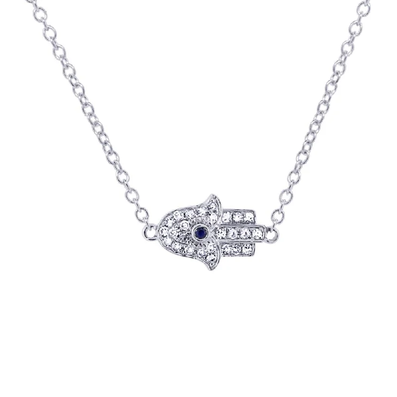 Ladies hefty gleam necklaces -14KT WHITE GOLD SAPPHIRE AND DIAMOND PAVE HAMSA NECKLACE