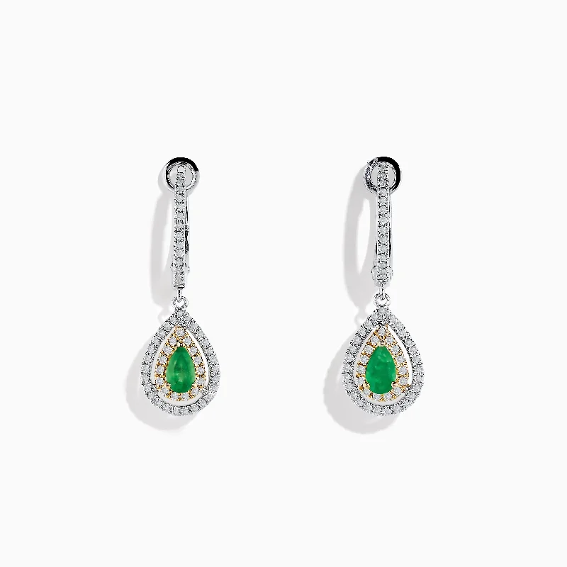 Ladies Earrings with Globe Spark-14K White & Yellow Gold Pear Shaped Double Diamond Halo Emerald Drop Earrings