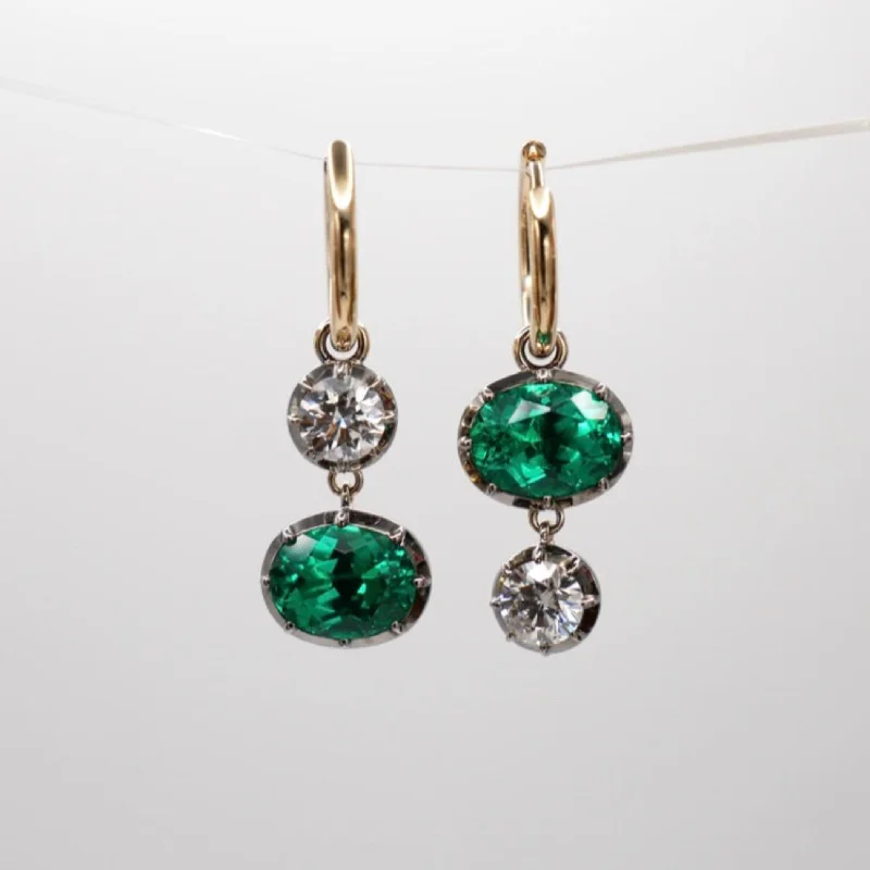 Ladies Earrings with Cloud Shine-5 Ct Oval Emerald and Round Moissanite Georgian Victorian Blackened Mismatched 14K or 18K Gold Hoop Earrings