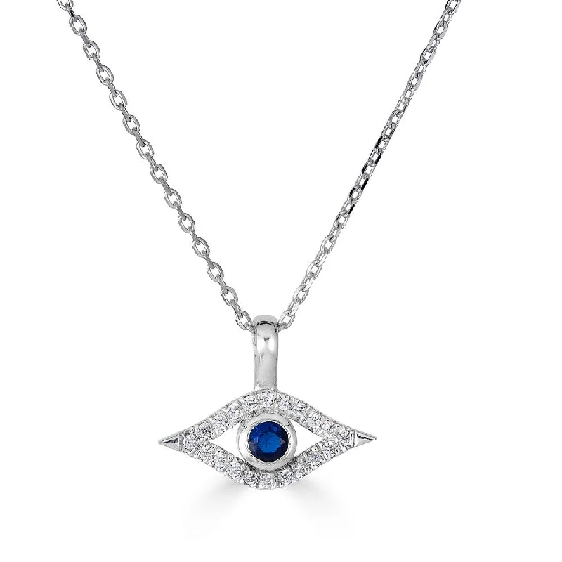 Ladies 10K gold gleam necklaces -14KT GOLD 0.16CTW SAPPHIRE & DIAMOND EVIL EYE NECKLACE