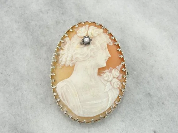 Ladies warm topaz brooches -Antique Art Deco Cameo Brooch or Pendant with Diamond