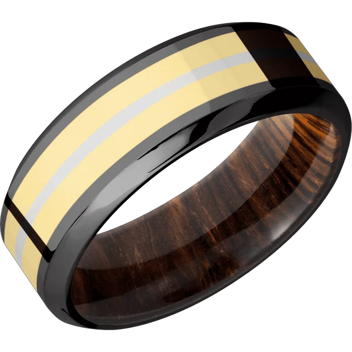 Ladies Rings with Coral Kornerupine-8mm wide High Bevel Black Zirconium Ring with Polish Finish / One 4mm Centered 14k Yellow Gold Inlay with Polish Finish / One 1mm Centered Platinum Inlay with Polish Finish / Cocobolo Sleeve