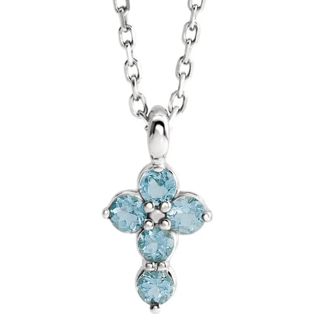 Ladies calm blue necklaces -14KT GOLD AQUAMARINE PETITE CROSS PENDANT 16-18" NECKLACE