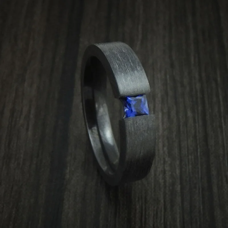 Ladies Rings Crafted Spark-Black Zirconium Ring with Sapphire Custom Made Band