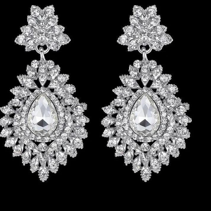 Ladies Earrings for Elder Shine-MEC-001 Crystal Wedding Bridal Drop Teardrop Long Earrings Brides Jewelry