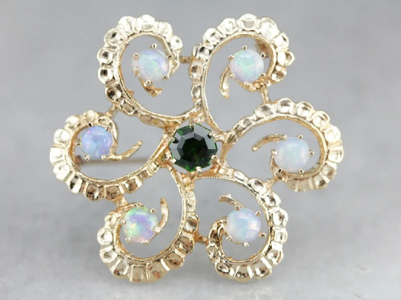 Ladies steampunk twist brooches -Vintage Demantoid Garnet and Opal Brooch