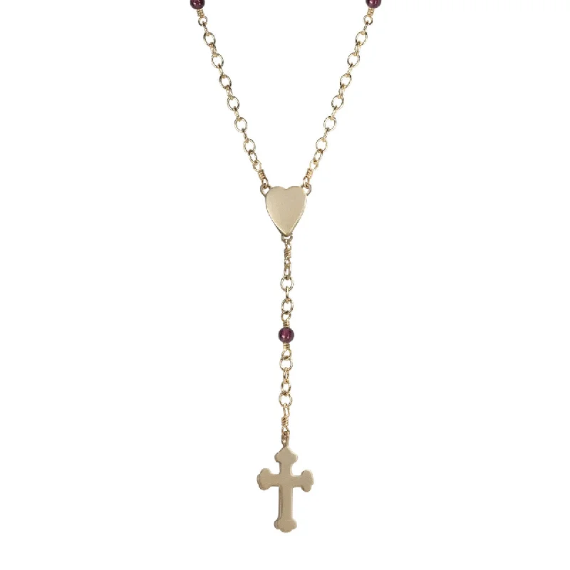 Ladies enchanted glow necklaces -10K Gold Heart and Cross Rosary Necklace on Garnet Chain