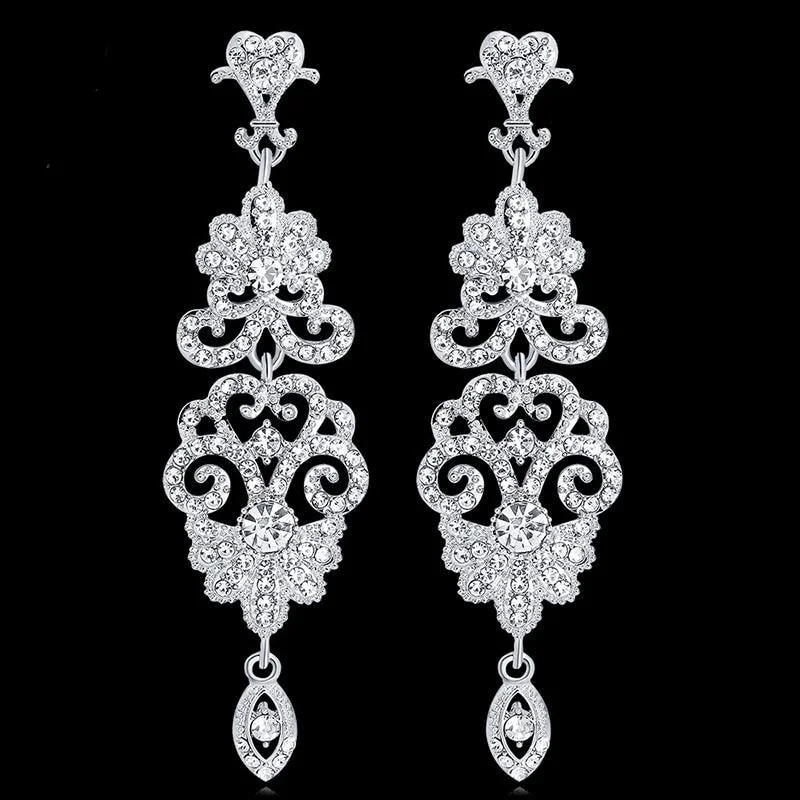 Ladies Earrings with Key Spark-TRZ-009 Chandelier Earrings Crystal Rhinestone Floral Bridal Wedding Jewelry