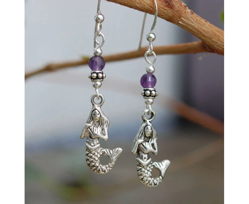 Ladies Earrings with Bright Sunstone-Celtic Mermaid with Amethyst Earrings by Cruthú