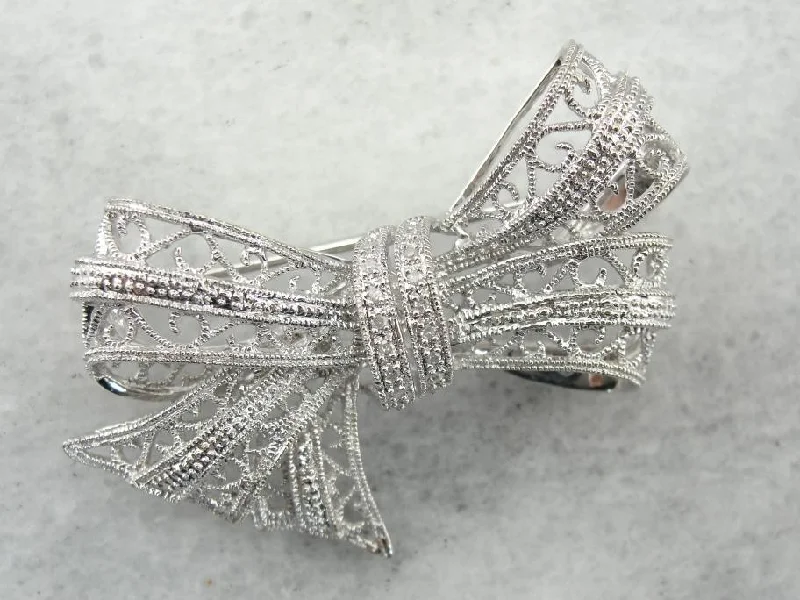 Ladies dazzling party brooches -Art Deco Darling! Vintage Filigree Bow Brooch for Wedding or Heirloom