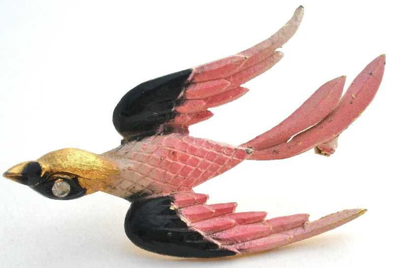 Ladies Valentine’s glow brooches -Pink & Black Swallow Bird Brooch Pin by Mamselle Vintage