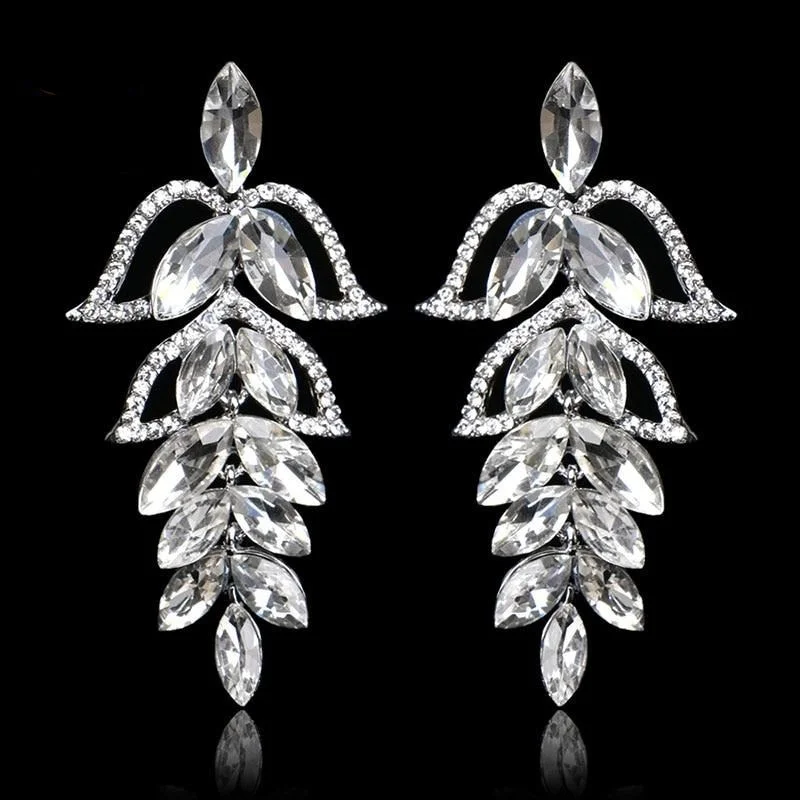 Ladies Earrings with Crown Glow-TRZ-002 Chandelier Crystal Bridal Hanging Drop Silver Earrings