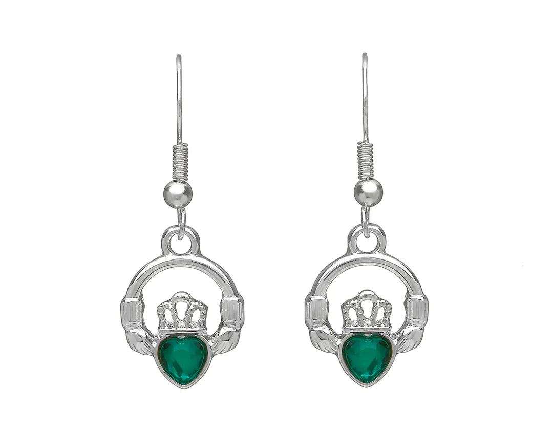 Ladies Earrings Multi Shine-Claddagh Silver Plated Drop Earrings with Green Stone Accent by Woods Celtic Jewllery