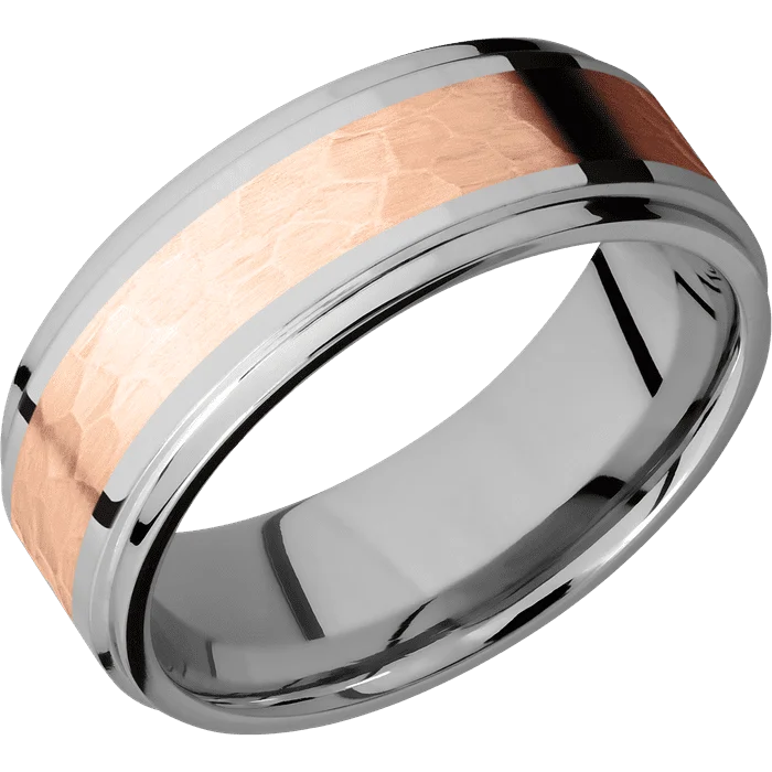 Ladies Rings with Purple Taaffeite-8mm wide Flat Grooved Edges Titanium Ring with Polish Finish / One 4mm Centered 14k Rose Gold Inlay with Hammer Finish