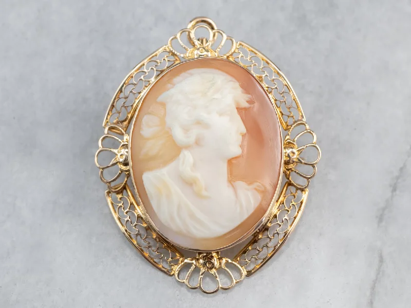 Ladies gothic shadow brooches -Vintage Gold Filigree Cameo Brooch or Pendant