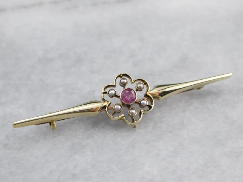 Ladies golden yellow brooches -Antique Pink Sapphire Seed Pearl Brooch