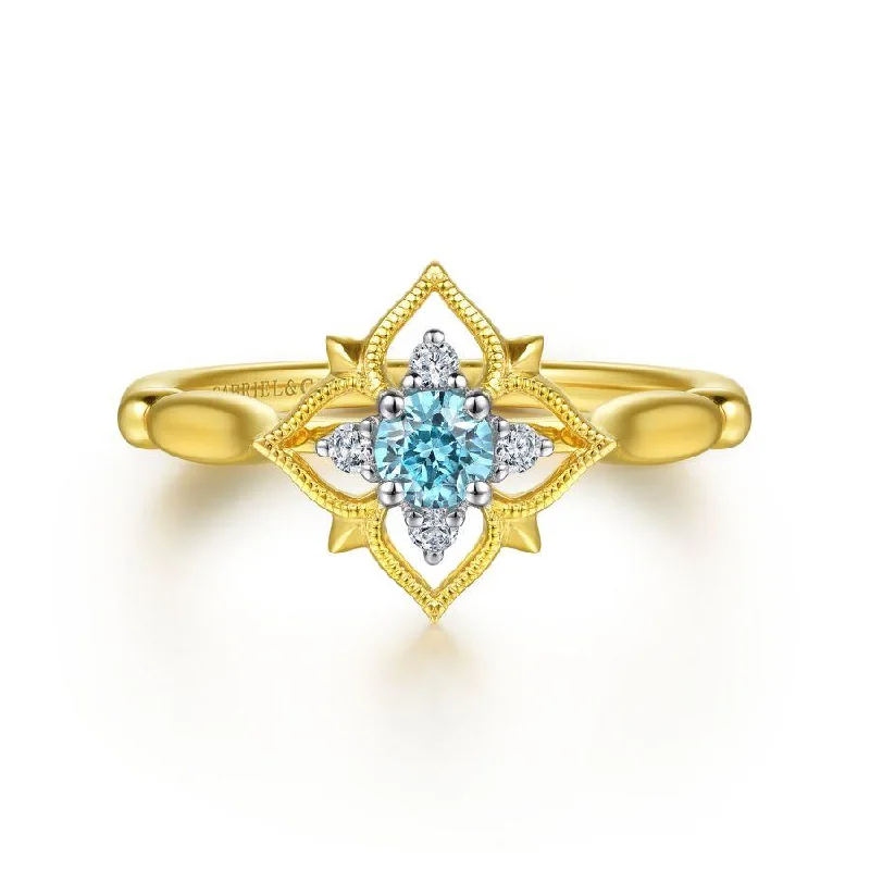 Ladies Rings for Daily Glow-Gabriel & Co. - LR52113Y45BT - 14K Yellow Gold Swiss Blue Topaz and Diamond Floral Ring