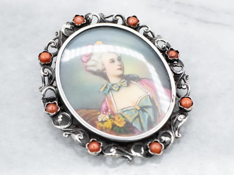 Ladies 10K gold gleam brooches -Vintage Coral Painted Portrait Brooch or Pendant