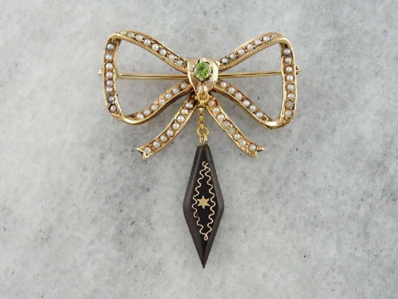 Ladies glistening silver brooches -Victorian Bow Brooch with Seed Pearls, Demantoid Garnet and Jet Tassel Pin