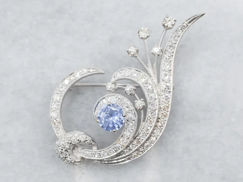 Ladies elegant pin brooches -Retro Era White Gold Sapphire and Diamond Brooch