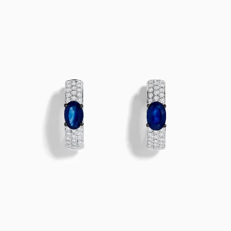 Ladies Earrings with Hex Shine-Royal Bleu 14K White Gold Sapphire and Diamond Huggie Earrings