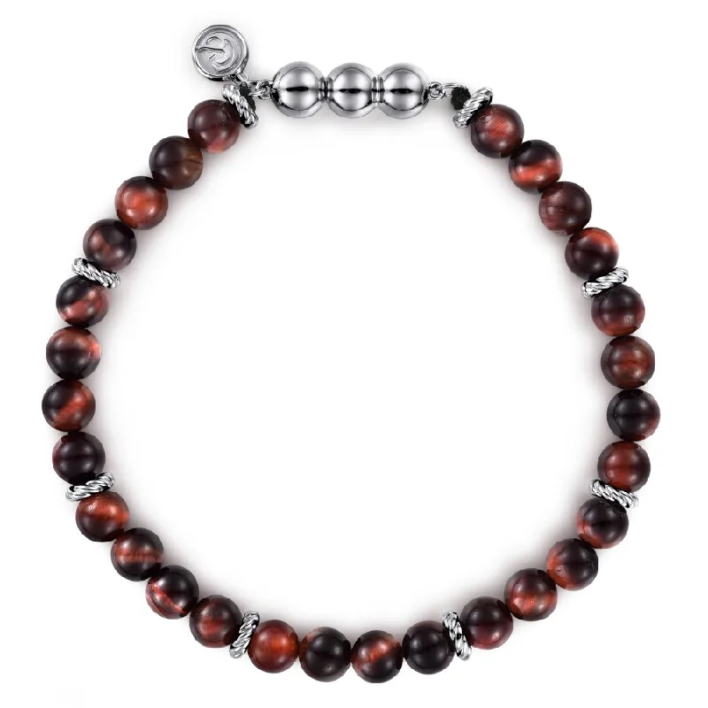 Ladies lasting wear bracelets -Tigers Eye Beaded Bracelet in Silver by Gabriel & Co.