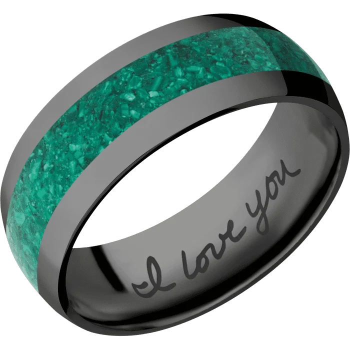 Ladies Rings with Moon Shine-8mm wide Domed Black Titanium Ring with Polish Finish / One 4mm Centered Malachite Inlay / None Interior Pattern