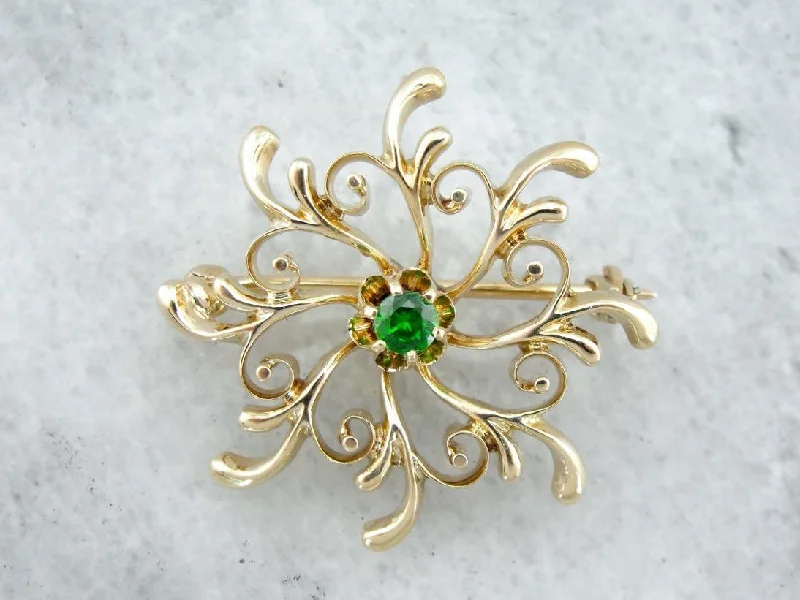 Ladies pure minimal brooches -Vintage Demantoid Garnet Brooch, Victorian Revival Pin in Yellow Gold