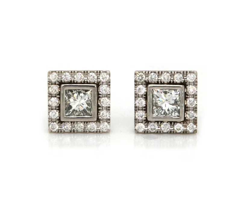 Ladies Earrings with Grey Labradorite-1.50ctw Princess Diamond Frame Stud Earrings in 14K