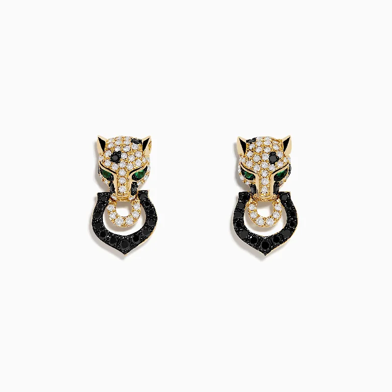 Ladies Earrings with Green Grandidierite-Signature 14K Yellow Gold White and Black Diamond Panther Earrings