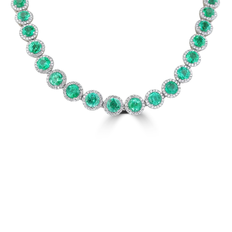 Ladies lavish gold necklaces -18K WHITE GOLD 44.57 CTW EMERALD & 7.24 CTW DIAMOND HALO NECKLACE