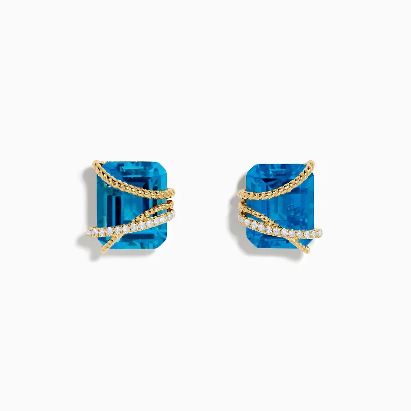 Ladies Earrings with Heart Spark-Ocean Bleu 14K Yellow Gold Blue Topaz and Diamond Earrings