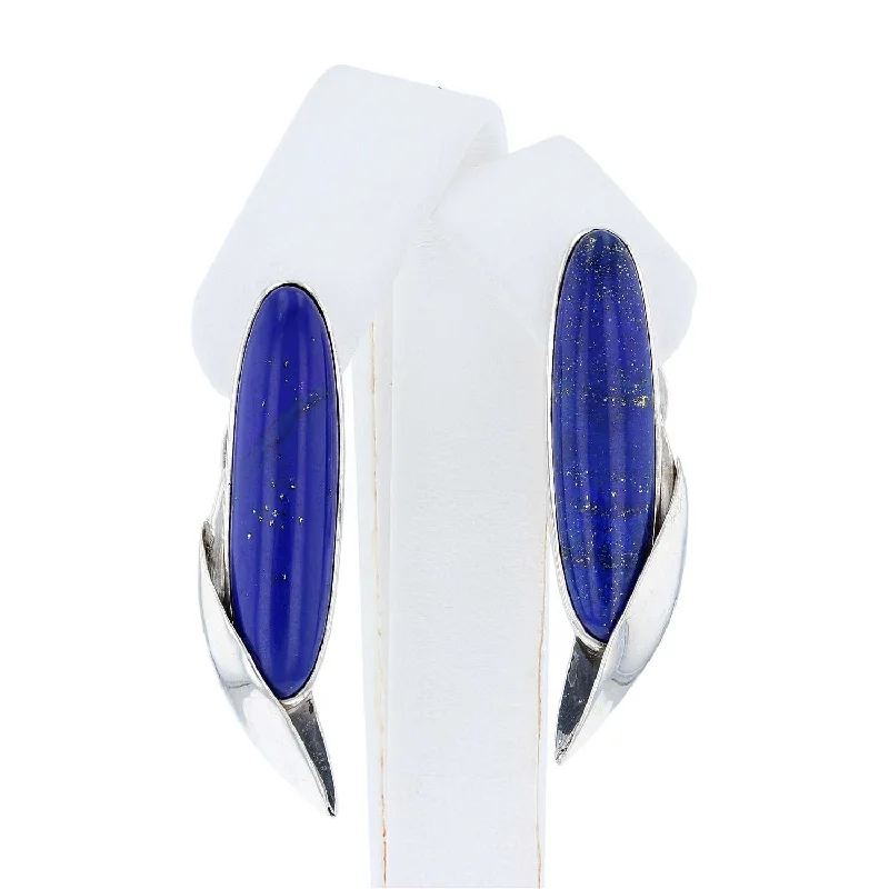 Ladies Earrings for Explorer Shine-Contemporary Silver Elongated Oval Lapis Earrings