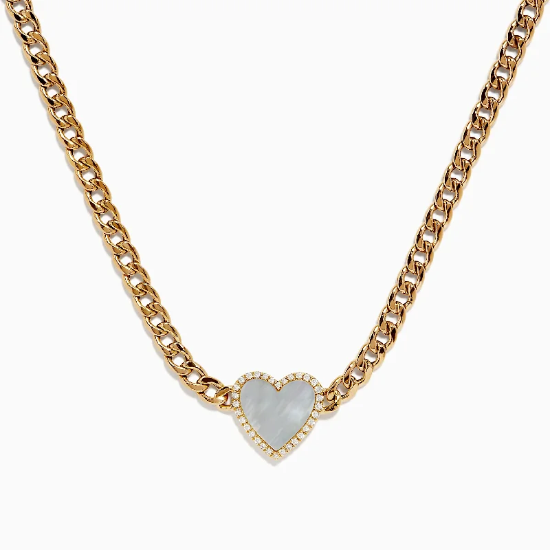 Ladies glistening silver necklaces -Novelty 14K Yellow Gold Diamond and Mother of Pearl Heart Necklace