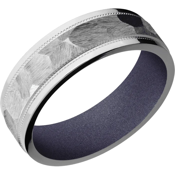 Ladies Rings with White Phenakite-7mm wide Flat Stepped Edges Milgrain Titanium Ring with Rock Finish / Crushed Orchid Cerakote Sleeve