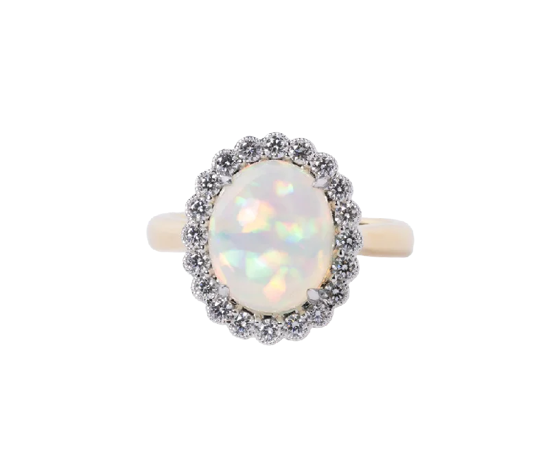 Ladies Rings Wide Glow-18k Yellow Gold 2.25ct Opal and Diamond Halo Ring